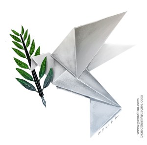 Origami bird with pen and olive branch